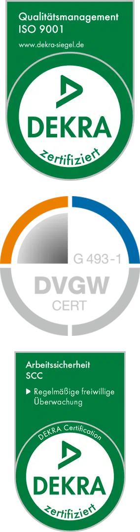 DEKRA und DVGW Zertifizierungen für Qualitätsmanagement (ISO 9001), Arbeitssicherheit (SCC) und Gasinstallationen (G 493-1).