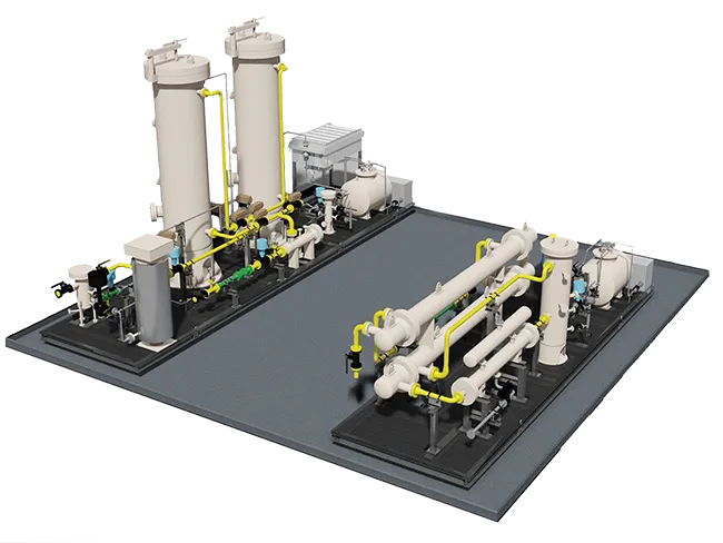 Modulare Industrieanlage mit großen Behältern und Rohrleitungen.