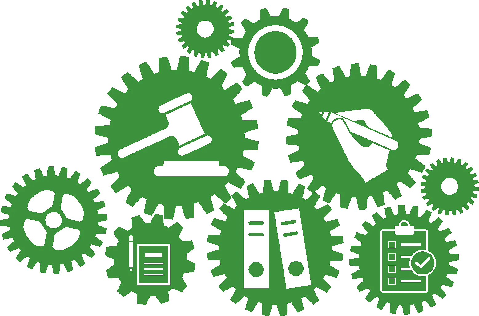 Grüne Zahnräder, die vernetzte Verwaltungsprozesse darstellen, mit Symbolen für Recht, Dokumentation und Aktenführung.