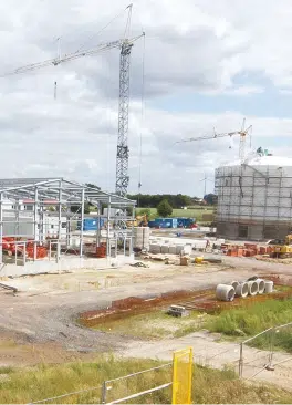 Industrielle Baustelle mit zwei Kränen, einem im Rohbau befindlichen Gebäude, einem großen runden Behälter und Windrädern am Horizont.